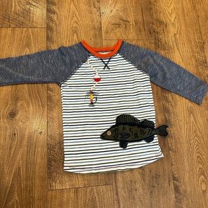 Mud Pie Boys Fishing Shirt 4T 5T Striped Raglan Tee Embroidered Fish Lure
